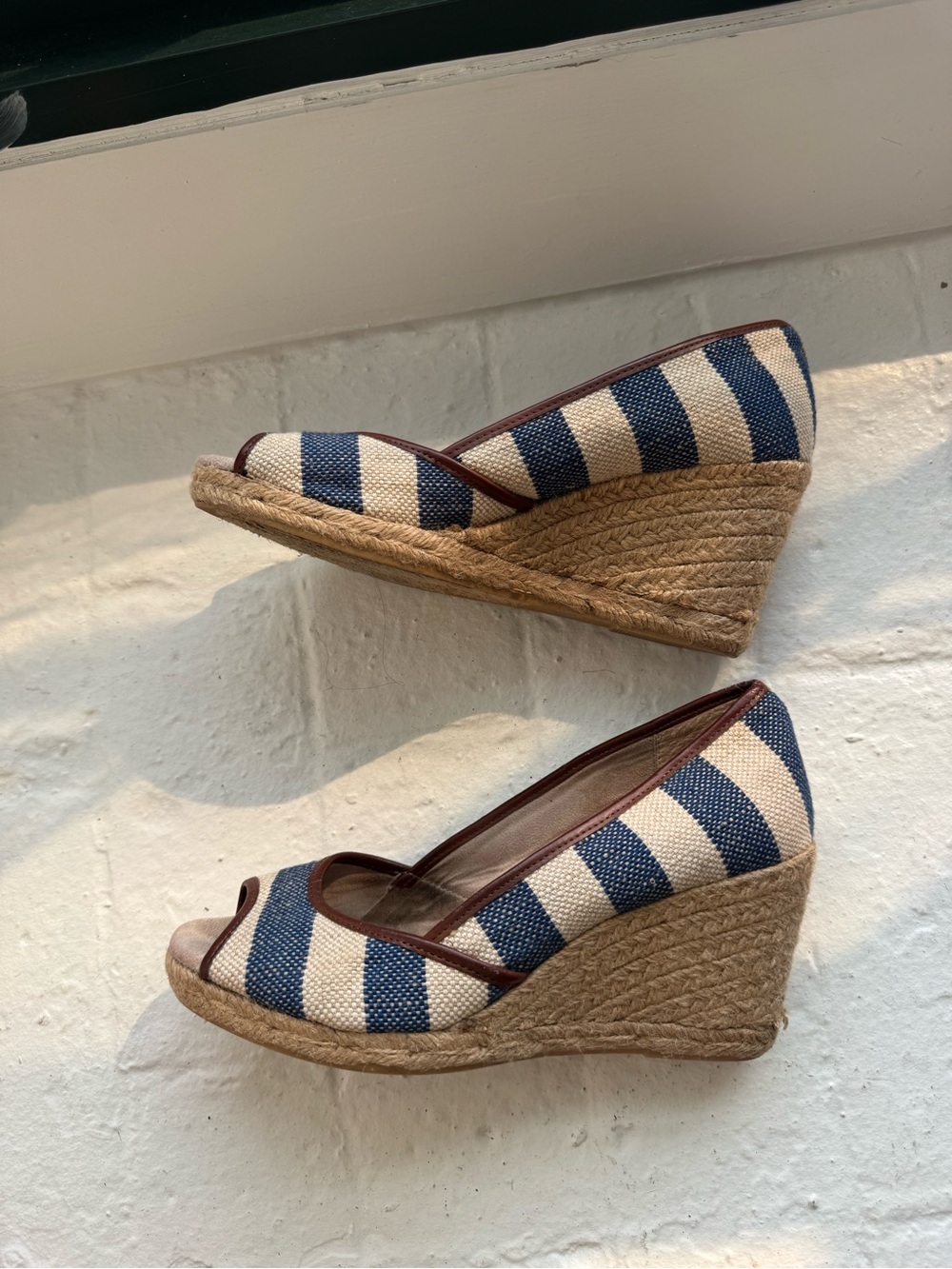 Striped Navy and Cream Espadrille Wedge Peep-Toe Heels